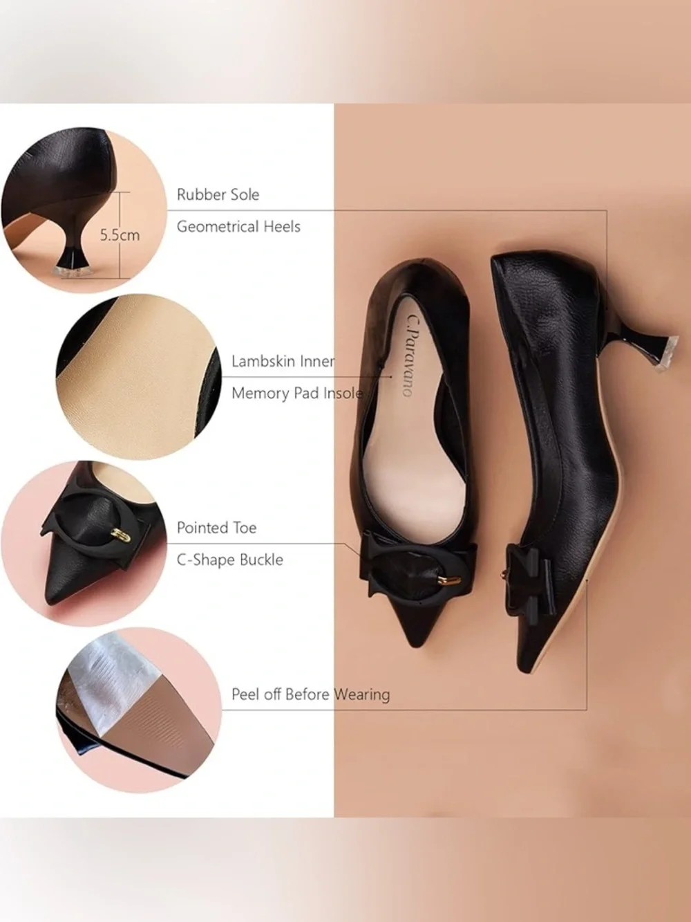 NEW C. Paravano Low Black Kitten Heel C-Shaped Buckle Size 39 US 8.5 New in Box